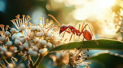 Naklejka premium A red ant perched on a leaf with white flowers, illuminated by the golden glow of the setting sun.
