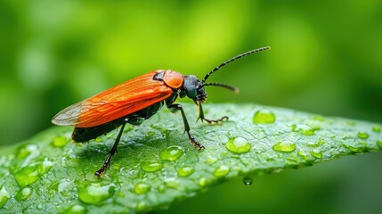 Naklejka premium A red beetle with black legs and a black head is perched on a dew-covered green leaf.