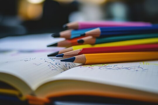 Colorful Pencils Resting on Open Notebook with Gridded Paper