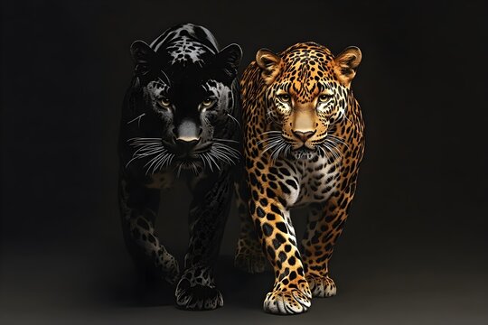 A panther and a leopard walk together