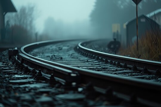A train track is winding its way through a fogladen forest