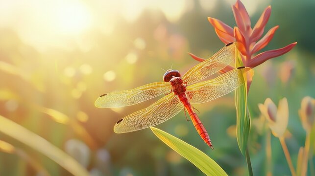 A red dragonfly perched on a flower in a field at sunset.