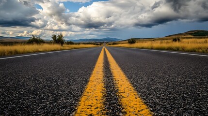 Naklejka premium Empty rural highway with double yellow lines stretches toward stormy clouds over golden prairie landscape, copy space