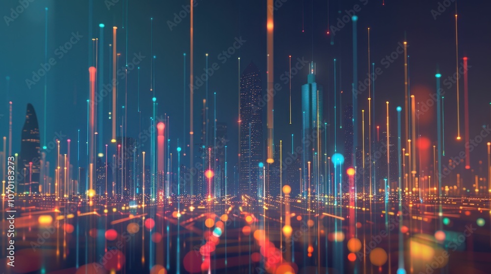 Poster abstract cityscape with glowing lines and circular lights, vibrant colors creating an energetic and 