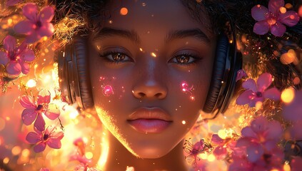 Fototapeta premium A girl wearing headphones, with flowers blooming around her and warm sunlight illuminating them. 