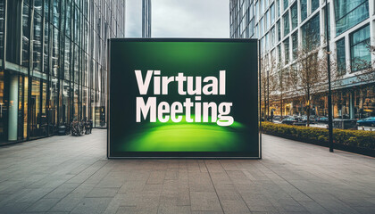 Obraz premium Large green digital billboard displaying 'Virtual Meeting' in a modern cityscape, reflecting urban technology and communication.