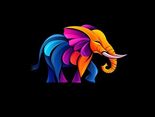 A colorful elephant in the style of vector illustration on a black background