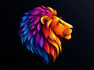 A colorful lion in the style of vector illustration on a black background