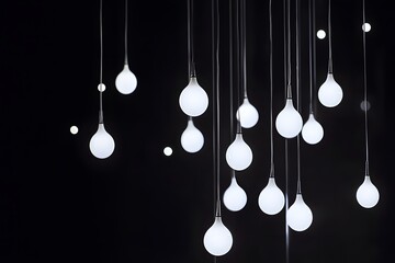White Teardrop Light Bulbs Hanging from Wires Against a Black Background