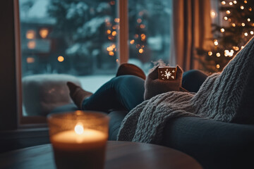 Obraz premium woman relaxes on cozy couch by window, enjoying warmth of candle and glow of Christmas lights