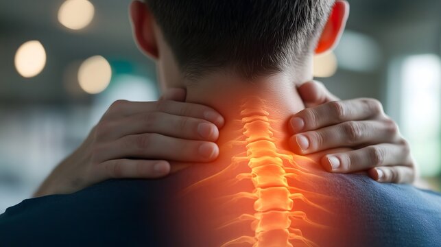 Man massaging painful neck with glowing red inflammation visualization of cervical spine on dark background, copy space