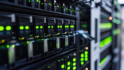 A row of servers in a data center has green lights showing they are on