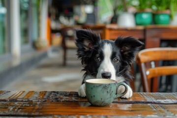 Adorable border collie puppy waiting patiently at an outdoor cafe table with a mug of coffee
