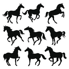 set of nine black horse silhouettes