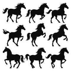 set of nine black horse silhouettes