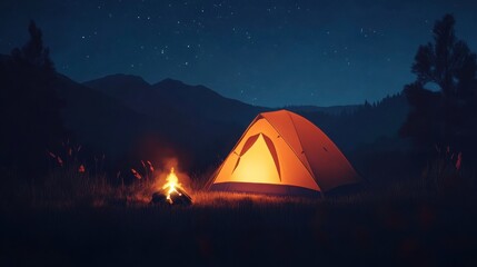 Serene Camping Scene with Glowing Tent and Fire