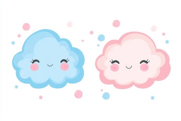 A set of cute pastel pink and blue clouds, vector illustration, simple shapes, 