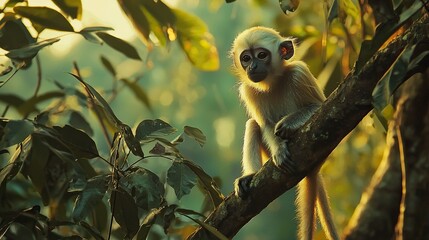 Fototapeta premium Langur perched on a tree branch in a Thai forest in the afternoon. generative ai