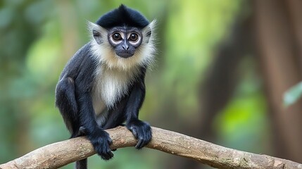 Naklejka premium Langur perched on a tree branch in a Thai forest in the afternoon. generative ai