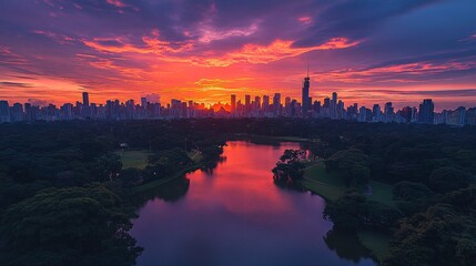 Fototapeta premium Sustainable Urban Development Concept: Lush Green Park Amidst Skyscrapers at Sunset, Promoting SDGs and Environmental Conservation 