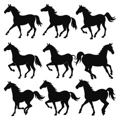 set of nine black horse silhouettes