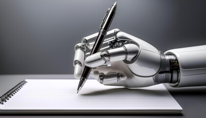A compact AI robot hand, designed like a human hand, holding a simple pen over a blank notepad