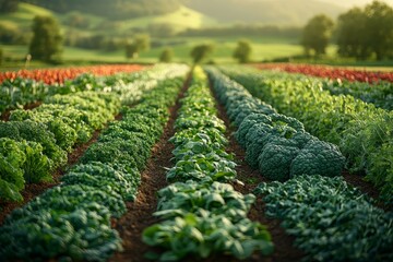 Lush vegetable farm rows at sunrise in a beautiful countryside landscape