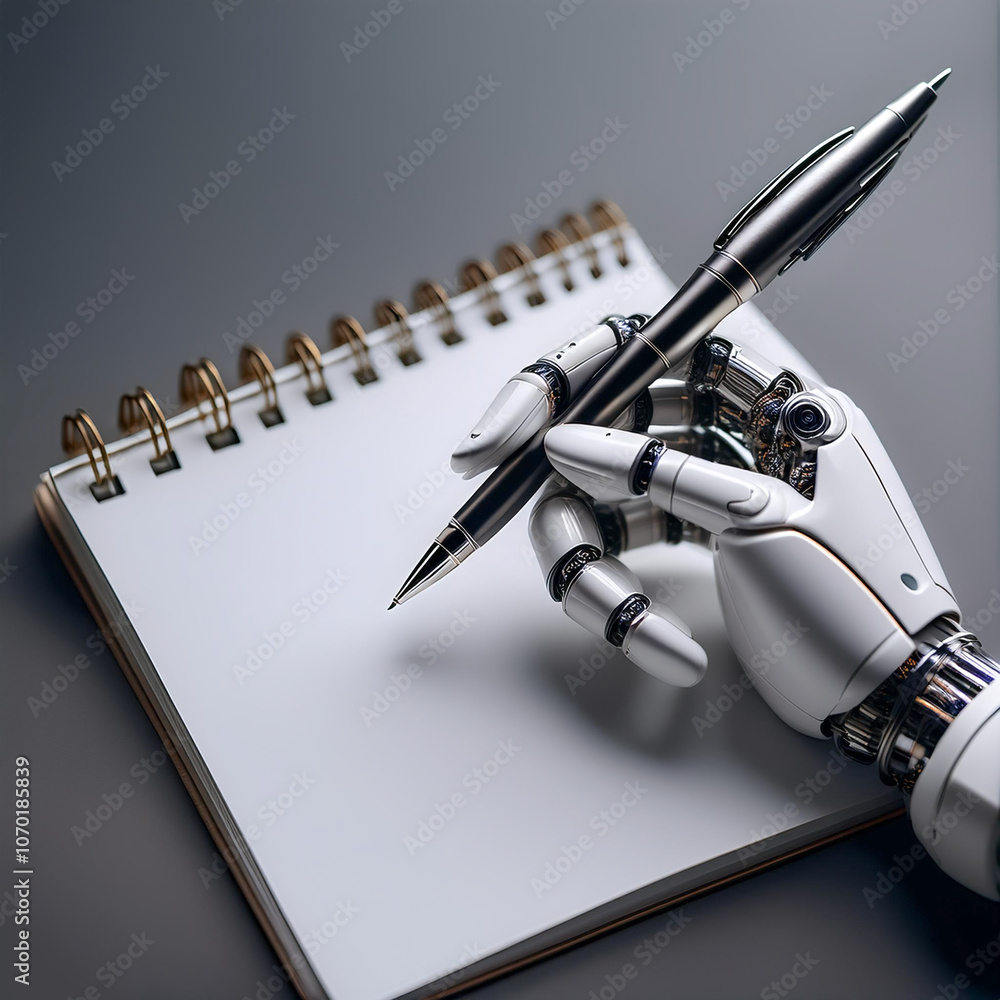 Poster a compact ai robot hand, designed like a human hand, holding a simple pen over a blank notepad