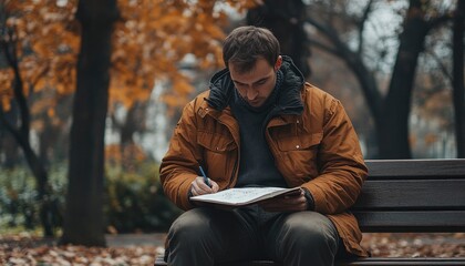 Fototapeta premium Man sitting on a bench in a park, writing in a notebook.