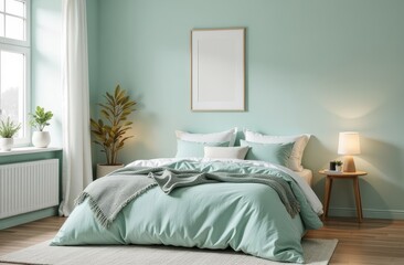 A cozy bedroom with mint color walls and a comfy bed with white sheets. Scandinavian style