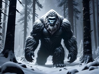 Yeti in a forest, cryptozoology animal, yeti mystery and snow 