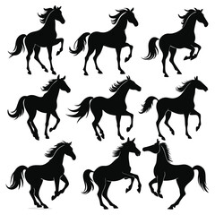 set of nine black horse silhouettes