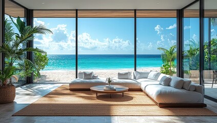 Fototapeta premium A large living room with floor-to-ceiling windows overlooking the beach