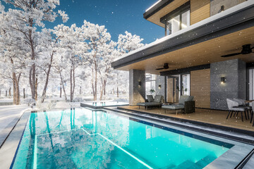 3d rendering of modern two story house with gray and wood accents, large windows, parking space in the right side of the building. Cool winter day with shiny white snow