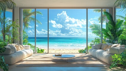 A large living room with floor-to-ceiling windows overlooking the beach