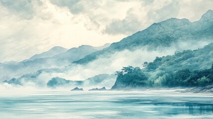 Naklejka premium Misty mountains rise up from the calm waters, creating a serene and tranquil scene.