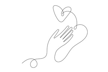 Line Art Hand and Heart Silhouette Icon. One Continuous Line Drawing. Editable Vector Thin Doodle Stroke Sketch. Abstract Human Hand Illustration. Healthy Lifestyle, Care, Support and Help Concept.