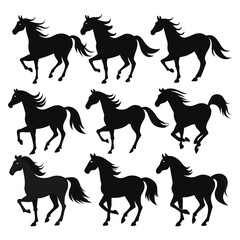 set of nine black horse silhouettes
