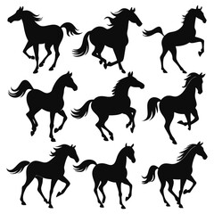 set of nine black horse silhouettes