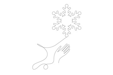 Line Art Hand and Snowflake Silhouette Icon. One Continuous Line Drawing. Editable Vector Thin Doodle Stroke Sketch. Abstract Human Hand Illustration. Healthy Lifestyle, Care, Support and Help Concept