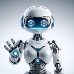 A cute humanoid robot with a slim and small body in white and silver standing on a minimalist white background