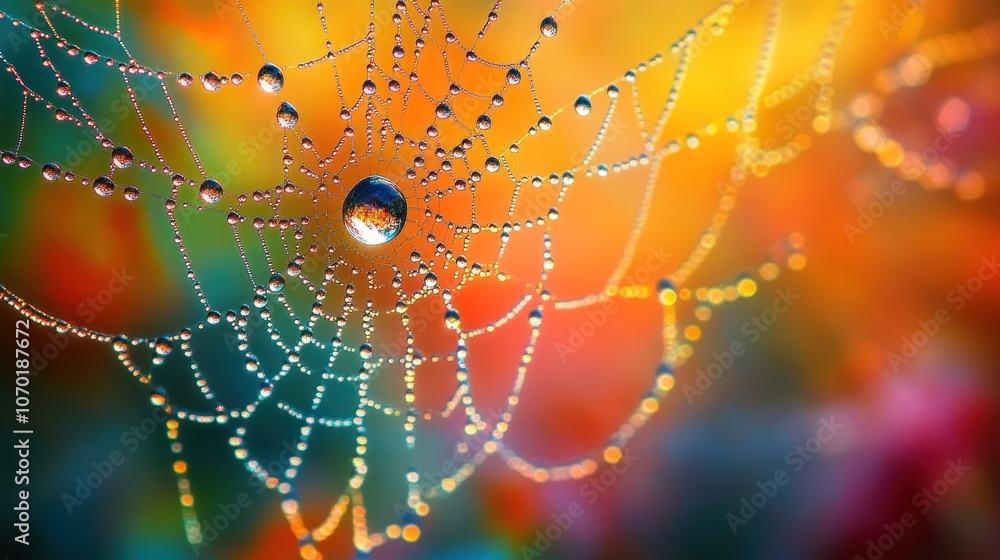 Poster dew drops on spider web with colorful background