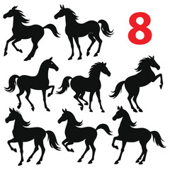 set of nine black horse silhouettes