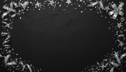 Obraz premium festive silver glittering background with stars and ribbons, perfect for celebrations and special occasions. dark backdrop enhances shimmering elements, creating joyful atmosphere
