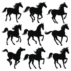 set of nine black horse silhouettes