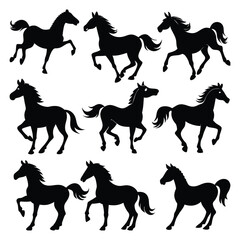 set of nine black horse silhouettes