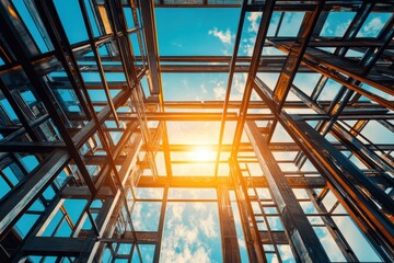 Fototapeta premium Steel structure of building under construction. The image depicts a building under construction, showcasing the steel framework and the sky above.