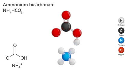 Molecule: Ammonium Bicarbonate. Molecular structure. Formula: NH4HCO3. Chemical model: Ball and stick. White background. 3D illustration.