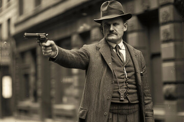Fototapeta premium Generative AI Image of Retro Criminal Gangster Aiming Gun in Classic Detective Style Setting
