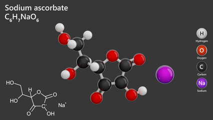 Molecule: Sodium Ascorbate. E301. Molecular structure. Formula: C6H7NaO6. Chemical model: Ball and stick. Gray background. 3D illustration.